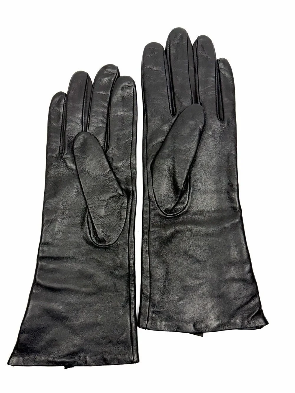 Mercer & Madison Black Leather Gloves Silk Lined XL 12” Long Brass Stud Accent